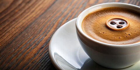 Sticker - Close-up shot of a freshly brewed cup of coffee with a button design on the foam, coffee, button, drink, beverage, morning