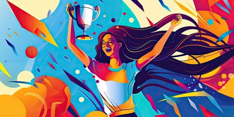 Wall Mural - Joyful Woman Holding Trophy in Geometric Art