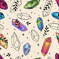 Wall Mural - Beautiful seamless pattern with  colorful crystals, herbs, vector illustration. Contemporary composition. Trendy texture for print, textile, packaging.