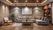 © DigitalArt Max - Empty modern basement recreation room with comfortable seating area and blank frame mockup on wall for display purposes.