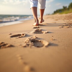 Canvas Print - Human footsprint on sand beach in summer,.