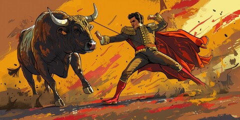 Colorful Pop Art Style Bullfighting Scene