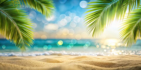 Wall Mural - Blurred palm leaves and sandy beach with bokeh against ocean for travel offers , palm leaves, sandy beach, bokeh, ocean