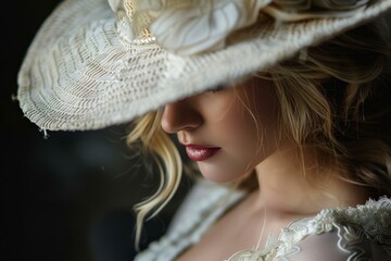 Wall Mural - Closeup portrait of a woman with red lipstick wearing a stylish vintage hat