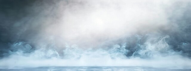 Wall Mural - A white stage with blue smoke below, resembling fog on the floor, in a brightly lit room.