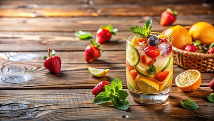 Poster - A refreshing summer cocktail with fresh fruit garnish on a wooden table, cocktail, drink, beverage, alcohol, mixed, fruit, garnish