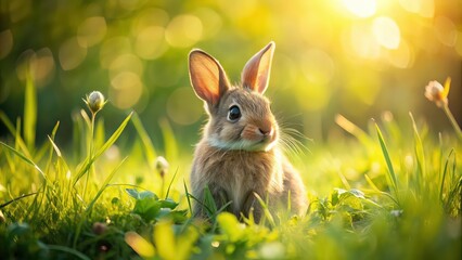 Canvas Print - Adorable bunny sitting in grass on a sunny day, rabbit, cute, fluffy, Easter, mammal, pet, adorable, furry, animal, wildlife