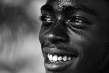 Wall Mural - Black And White Portrait. Young Black Man With a Happy Face