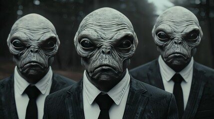 Three men in suits and ties with alien faces