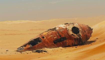 abandoned spaceship half buried in desert sands under a warm, hazy sky, creating a surreal scene