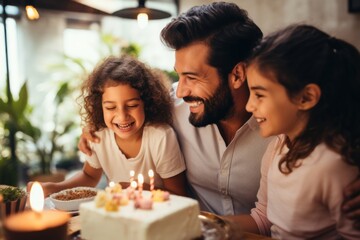 Canvas Print - Hispanic family celebrating birthday portrait dessert smiling.