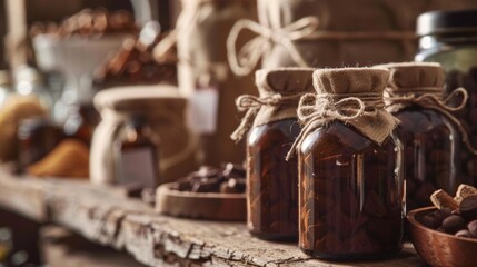 Wall Mural - Rustic jars with burlap covers on wooden shelf