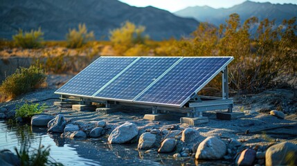 A sleek solar-powered water purification system in operation near a water source, clean energy solutions