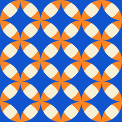 Poster - Trendy retro seamless pattern with geometric shapes on a blue background. Modern minimal abstract background. Blue, orange and beige colors. Vector illustration 