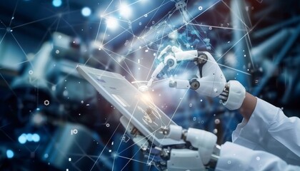 Poster - Technical industrial engineer managing robotics with ai and automation technology on tablet