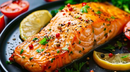 Wall Mural - a plate of salmon with lemon and tomatoes.