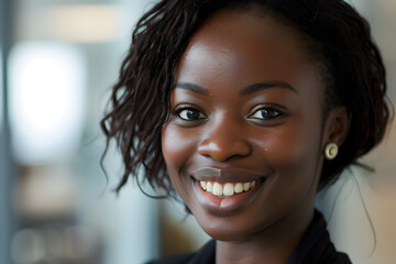 Wall Mural - A close-up portrait of a cheerful businesswoman of African descent, with a bright office setting in the background.