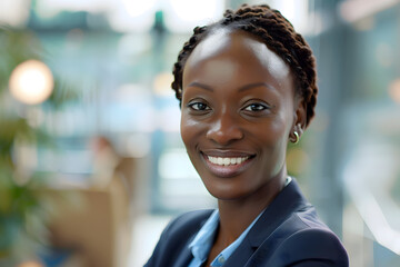 Wall Mural - A close-up portrait of a cheerful businesswoman of African descent, with a bright office setting in the background.