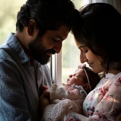 New parents holding their newborn baby girl, with expressions of unconditional love. Soft light from a nearby window creating an idyllic family moment. Nikon D850, 85mm f/1.4 lens, taken at eye level 