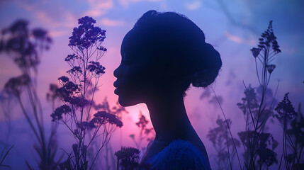 Poster - Silhouette of a Woman in a Field of Flowers at Sunset Illustration