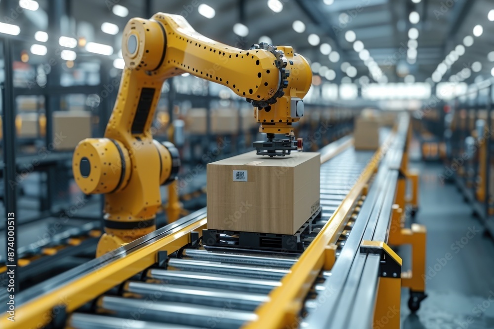 A yellow robotic arm grips a cardboard box on a conveyor belt ...
