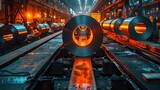 Hot Steel Coils in Rolling Mill. Hot steel coils being processed in a rolling mill, highlighting the intense heat and precision of the steel manufacturing process.