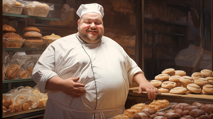 Portrait of a funny fat male baker or cook in a white robe and cap standing in a bakery among fresh bread and pastries