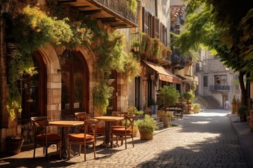 Poster - Cozy pedestrian street cobblestone restaurant outdoors.