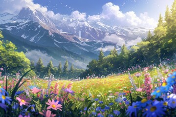 Wall Mural - Colorful spring flower field landscape mountain outdoors.