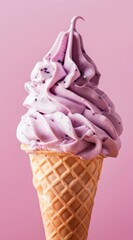 Canvas Print - Berry purple ice cream in a waffle cone on a pink background. Minimal food composition.