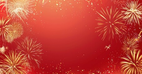 Wall Mural - Golden Fireworks on a Red Background