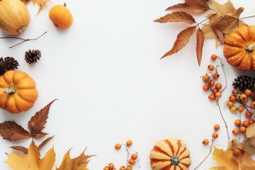 Wall Mural - thanksgiving background decoration, fall leaves, berries and pumpkins on a white background