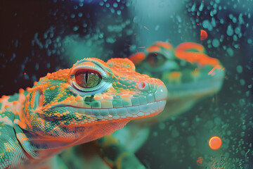 Canvas Print - Close-Up of a Lizard's Eye in a Green and Orange Color Palette