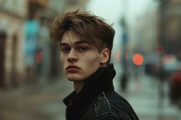 Poster - Contemplative teenager with striking eyes and disheveled hair on a city street