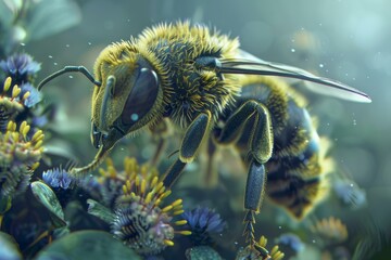 Wall Mural - Detailed macro shot of a bee on vibrant flowers, showcasing intricate textures