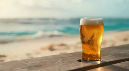 Wall Mural - Glass of cold beer on a wooden bench on a sand beach near the sea.