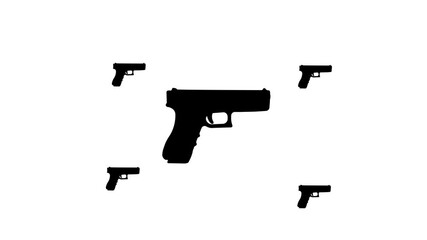 Poster - Zoom in and out animation the gun symbol. Large black symbol in the center and four small symbols around. Seamless looped 4k animation on white background