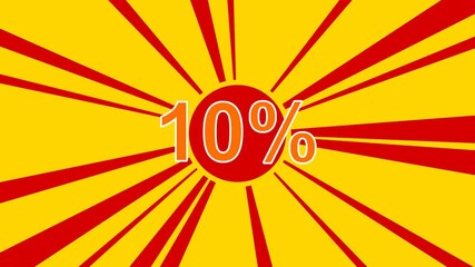 Poster - 10 percent symbol on the background of animation from moving rays of the sun. Large orange symbol increases slightly. Seamless looped 4k animation on yellow background