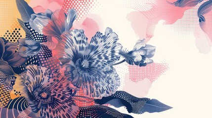 Poster - Abstract Background with Halftone Flowers Bouquet and Botanical Elements for Greeting Card and Textile Print