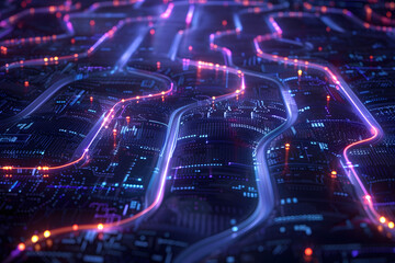 multiple paths glowing in the dark in futuristic roadmap