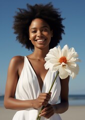 Wall Mural - Black Woman in white dress flower photo happy.