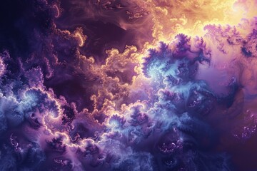 Poster - Ethereal fractal universe, a cosmic. Abstract. And vibrant digital art background with intricate and surreal patterns in vibrant purple and yellow colors