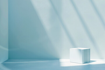 Fototapete - Abstract background with shadows of a window on a light blue wall and a cube podium for product presentation, minimal scene design, high resolution photography in the style of window on light blue wal