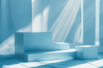 Fototapete - Abstract background with shadows of a window on a light blue wall and a cube podium for product presentation, minimal scene design, high resolution photography in the style of window on light blue wal