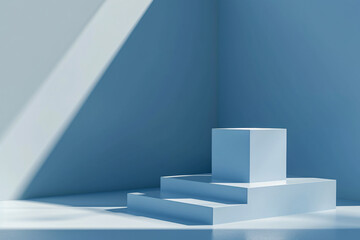 Fototapete - Abstract background with shadows of a window on a light blue wall and a cube podium for product presentation, minimal scene design, high resolution photography in the style of window on light blue wal