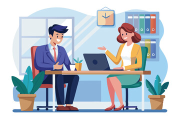 Aufkleber - Two busy happy professional business people working in office with laptop computer Middle aged female executive manager talking to male colleague having conversation sitting at workplace modern flat