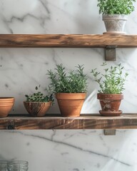 Poster - Modern kitchen shelf vignette with artisanal ceramics and potted herbs. Sleek marble backdrop. Shot with Canon R5, 85mm f/1.2 lens, shallow depth of field. 