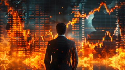 Wall Mural - A man stands in front of a burning building with a screen behind him showing a g