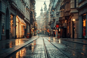 Wall Mural - Serene, misty evening on a city street adorned with lights, capturing a tranquil urban mood