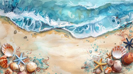 Wall Mural - Summer beach scene with watercolor shells starfish and stones Space for text